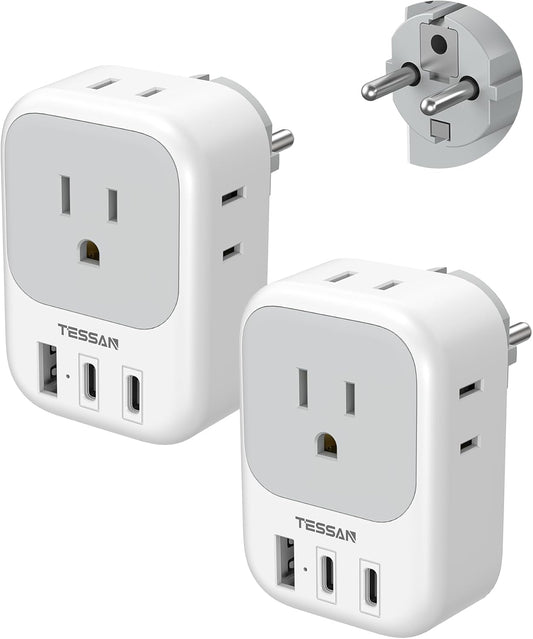 TESSAN 2 Pack Type E F Plug Adapter (2 USB-C), France Spain South Korea Power Adapter with 4 Outlets 3 USB, European Travel Adaptor for US to Germany Iceland Greece Portugal