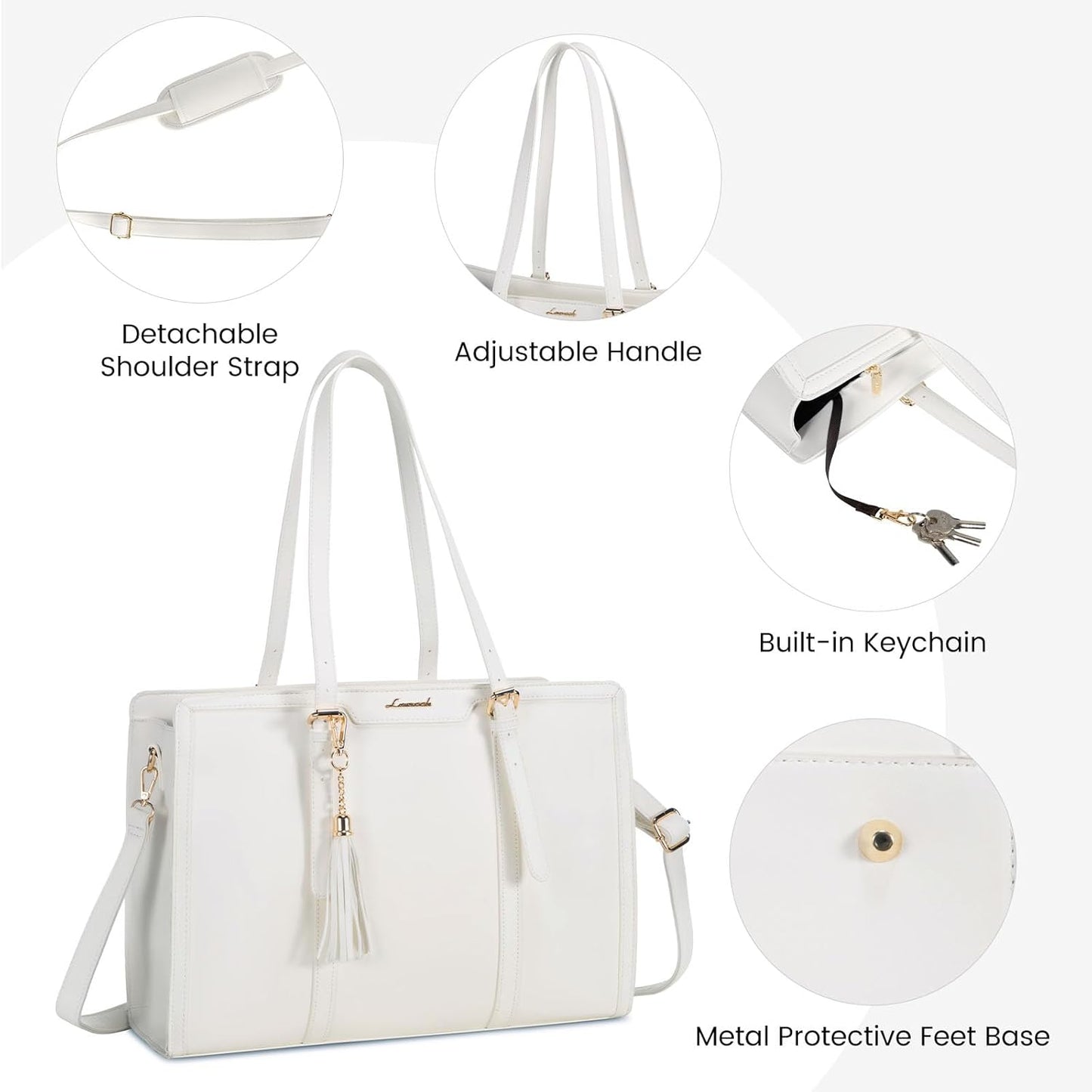 LOVEVOOK Laptop Bag for Women 15.6 inch Lightweight Leather Laptop Tote Bag, Large Capacity Computer bag with Clutch Purse for Business, Work, Office, Travel, School（White，15.6 Inch）