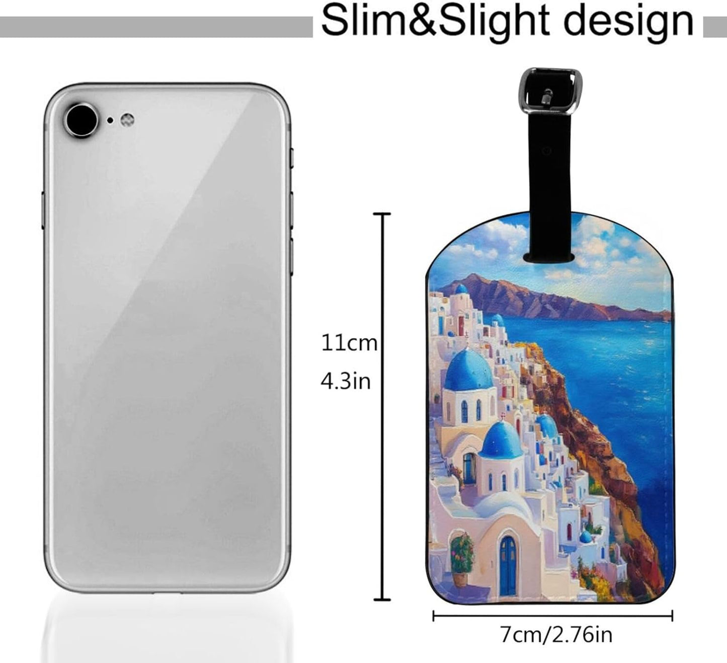 Aegean Sea Greece Luggage Tag for Suitcases,Santorini Landscape Painting PU Leather Baggage Tags Bag Tags Travel Id Label for Luggage Women Men -1 Piece