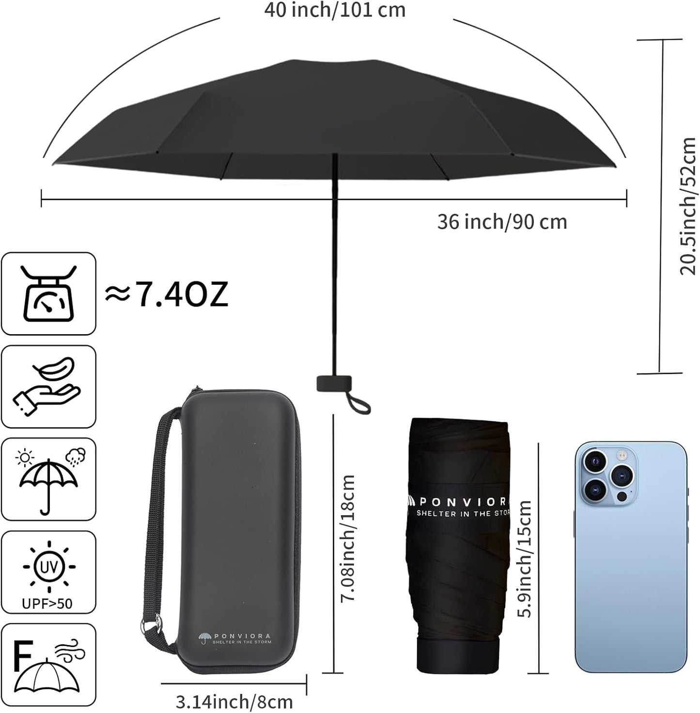 Compact Mini Windproof Travel Umbrella-UPF 50+ Sun & Rain Protection, Small Folding Design Fits in Pocket or Purse, Lightweight Portable with Case for Women, Men & Kids