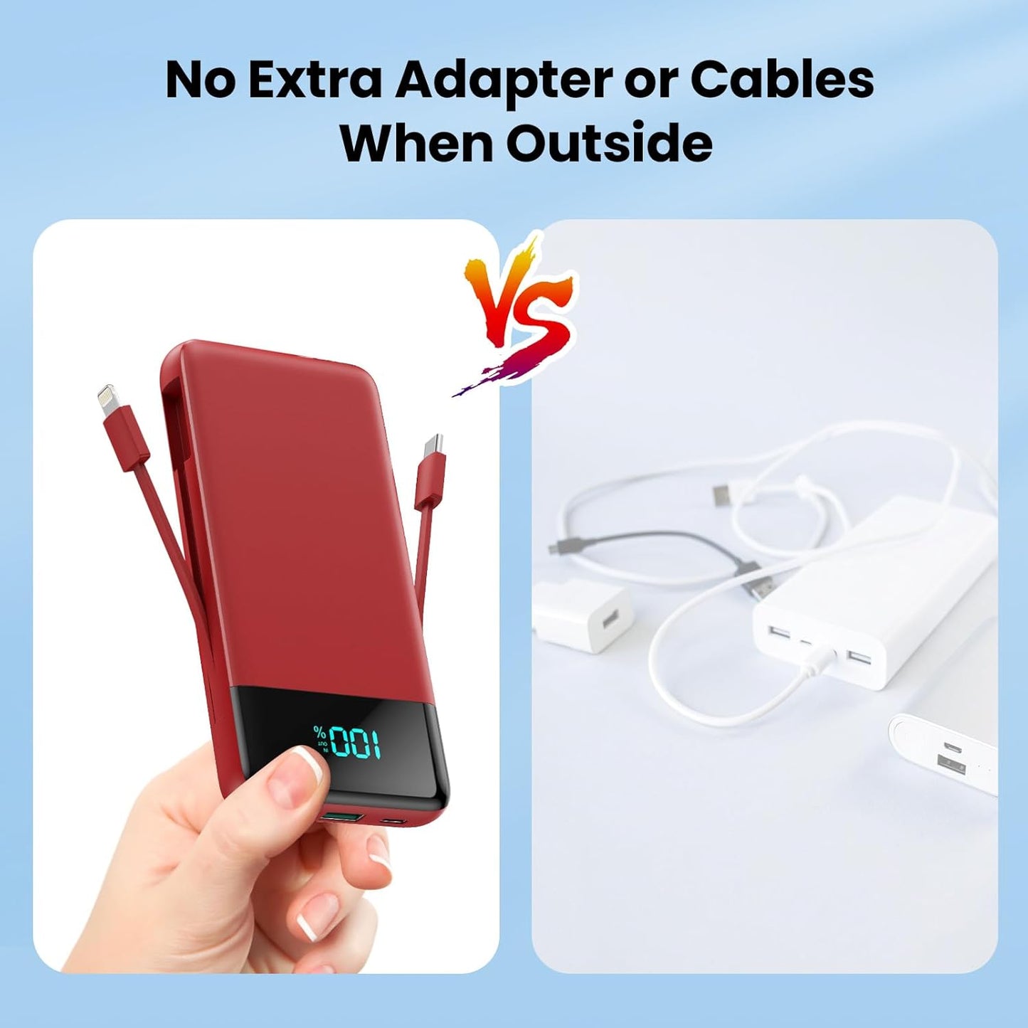 YHO Portable Charger 13800mAh for iPhone with Built-in Cables & AC Wall Plug,5-in-1 USB-C Power Bank,LCD Display External Battery Pack Phone Charger Compatible with iPhone 16/15/14,Android (Red)
