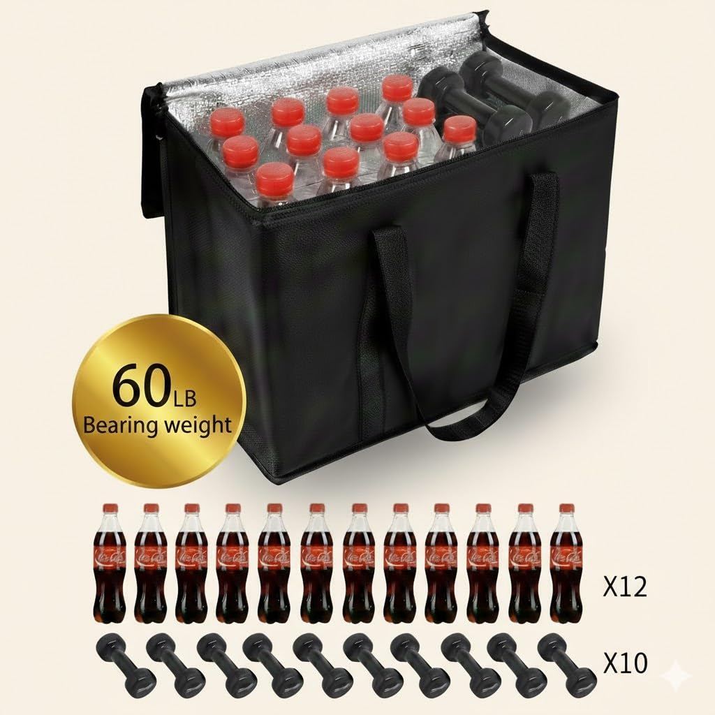 2-Pack, XL-Large Insulated Grocery Shopping Bags, Black, Reusable Bag