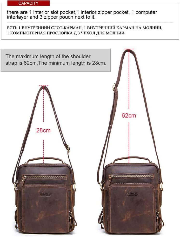 Hiram Men's Crazy Horse Cow Leather Messenger Bag, Crossbody Bag for Men, 25.5 cm x 21.5 cm x 10.0 cm, Coffee
