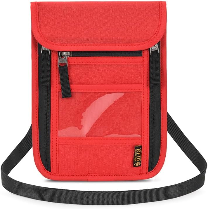 Passport Holder for Travel, Neck Pouch Travel Wallet With RFID Blocking, Waterproof Lightweight Passport Wallet for Women and Men (Red)