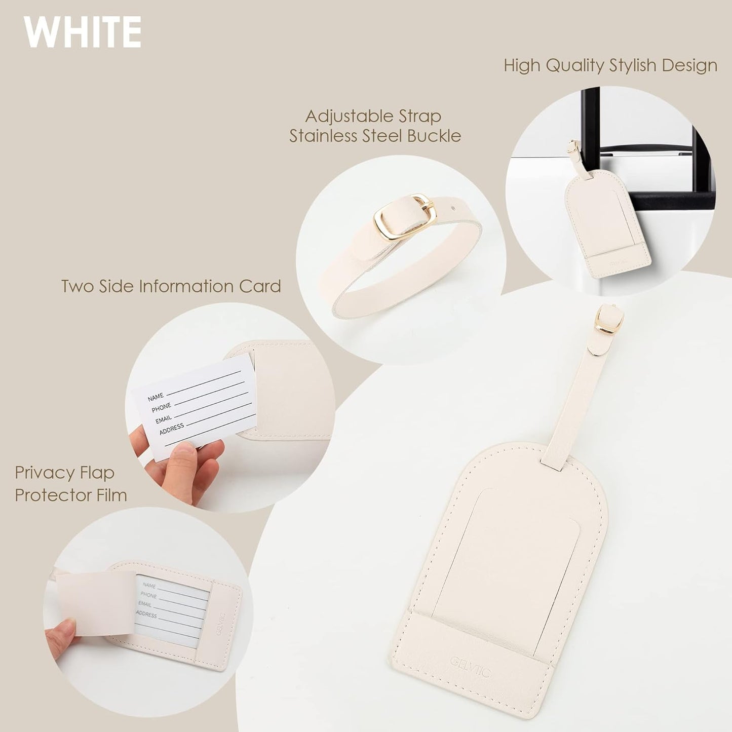 Faux Leather Luggage Tags for Suitcase Tag Set Privacy Protection with Identifie Name Lable ID Card Baggage tag for Men Women Travel Accessories, 2/4 Pack (LT06-White)