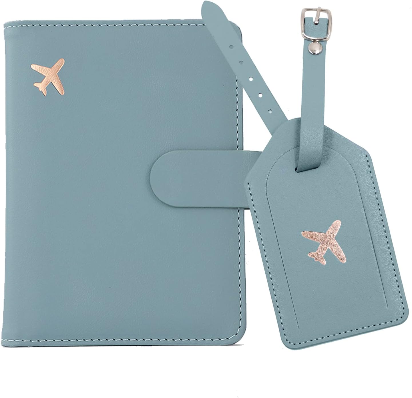 Real Leather Wallet RFID Passport Holder with Suitcase Tag Set Card Slots (Blue)