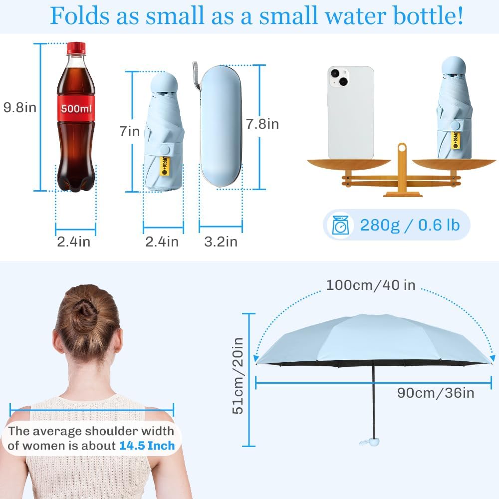 TOPSAIL Mini Umbrella Compact for Travel, UV Sun Protection(UPF50+), Waterproof for Light Rain, Suitable for Women & Kids With a Case, Manual Folding Small Pocket Size Ufor Backpack/Purse