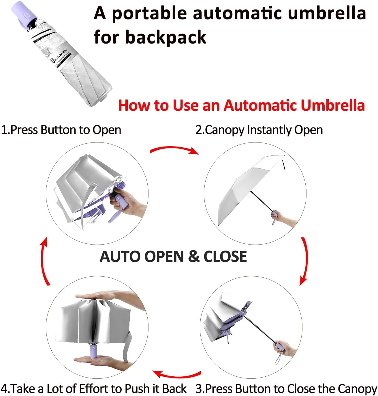BAODINI Small UV Protection Travel Umbrella Compact for Rain and Sun UPF 50+ Windproof Portable 42 inch Umbrella for Women and Men