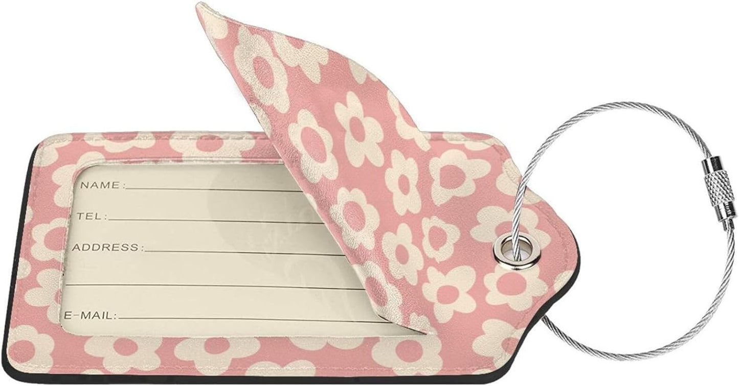 2 Pack Luggage Tag for Suitcase, Cute Leather Suitcase Tags Identifiers with Privacy Name Address Labels Durable Steel Loop for Women Men Girl Travel (Cute Pink Flower)