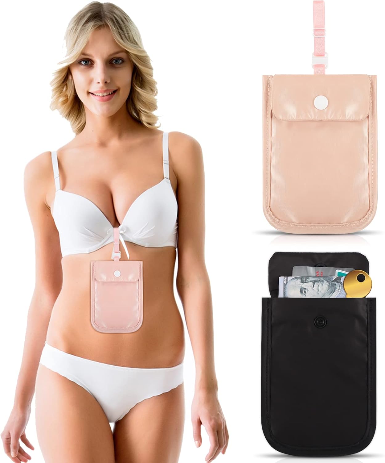 2 Pieces Travel Bra Wallet for Women Hidden Bra Wallet Pickpocket Proof Under Clothes Money Belt Pouch Secret for Passport Money Valuables(5.7 x 4.6 Inch,Black, Pink)