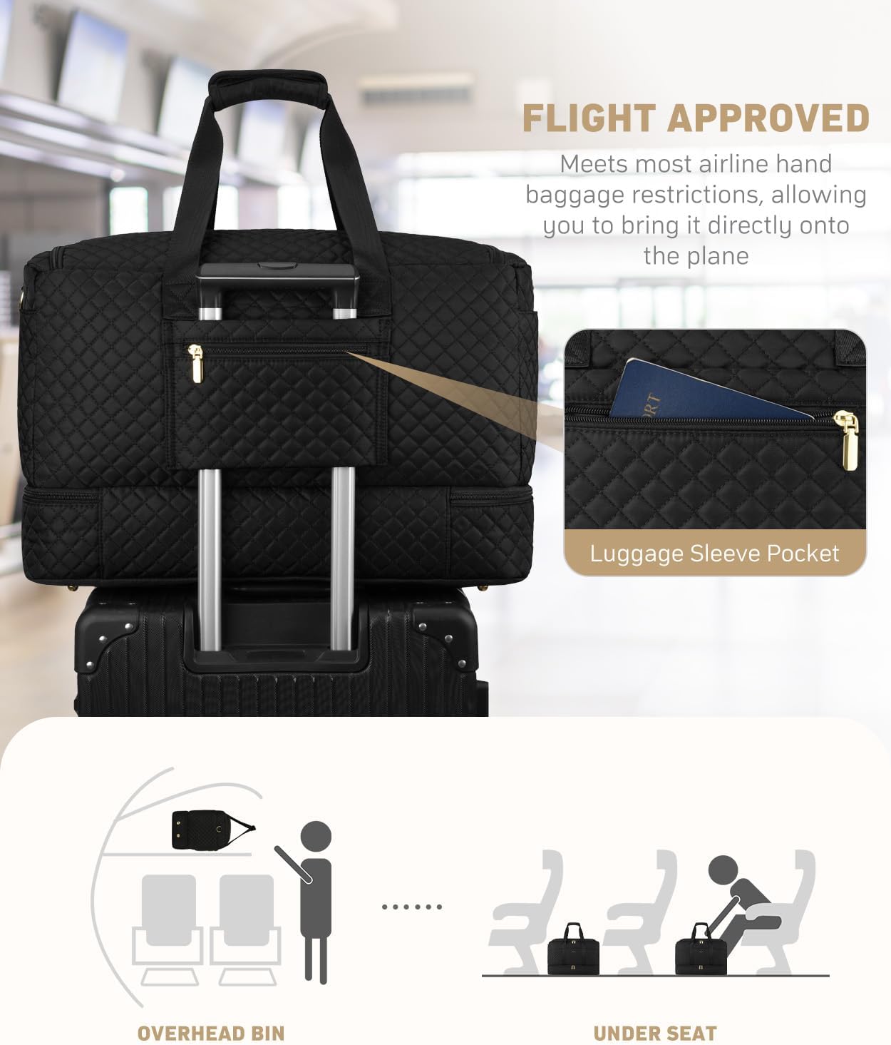 Duffle Bag for Travel, Weekender Bag with Shoe Compartment, Carry On Overnight Bag for Women with Toiletry Bag Duffel Bags with Wet Pocket for Gym Hospital Bags for Labor and Delivery Black