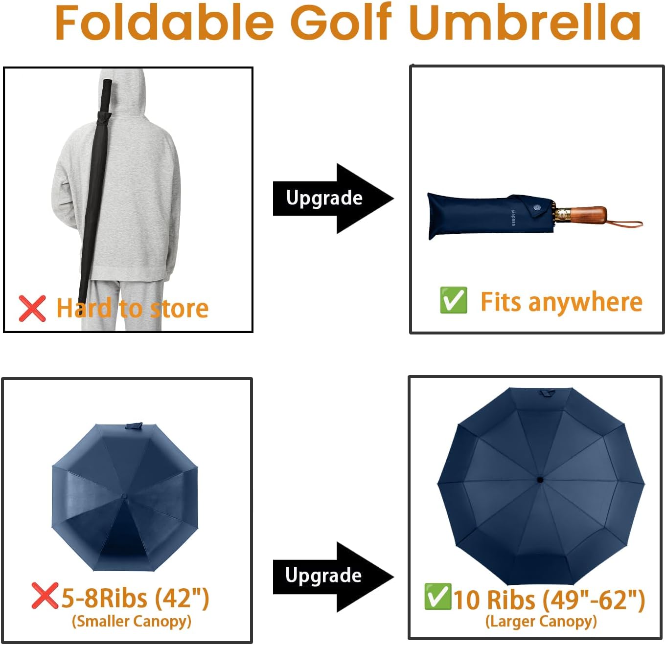 SIEPASA 49/54/62 Inch Windproof Golf Umbrella - Automatic Open/Close, Real Wood Handle - Large Folding Travel Umbrella for Wind, Rain & Sun Protection.