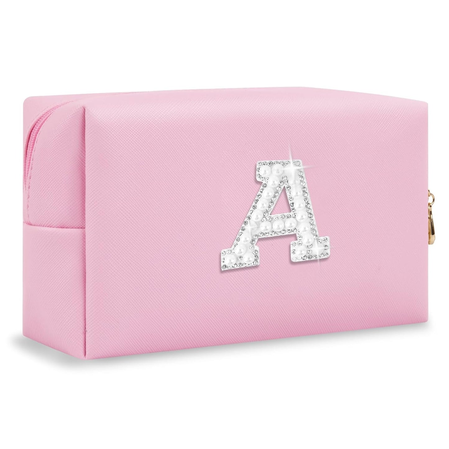ChaoGreat Bride Gifts – Personalized Initial Makeup Bag with Pearl Rhinestone Patch, Preppy Pink Monogram Cosmetic/Toiletry Pouch, bridesmaid Gifts, Bridal Shower Gifts, Wedding Gifts, Bridal Gifts,A