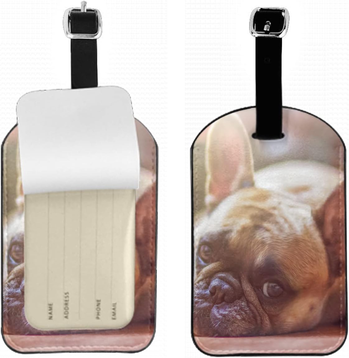 French Bulldog Luggage Tag Dog Face Eyes Animal Sadness Pet Suitcase Tag with Strap for Handbag School Bag Label ID, 1 Pack