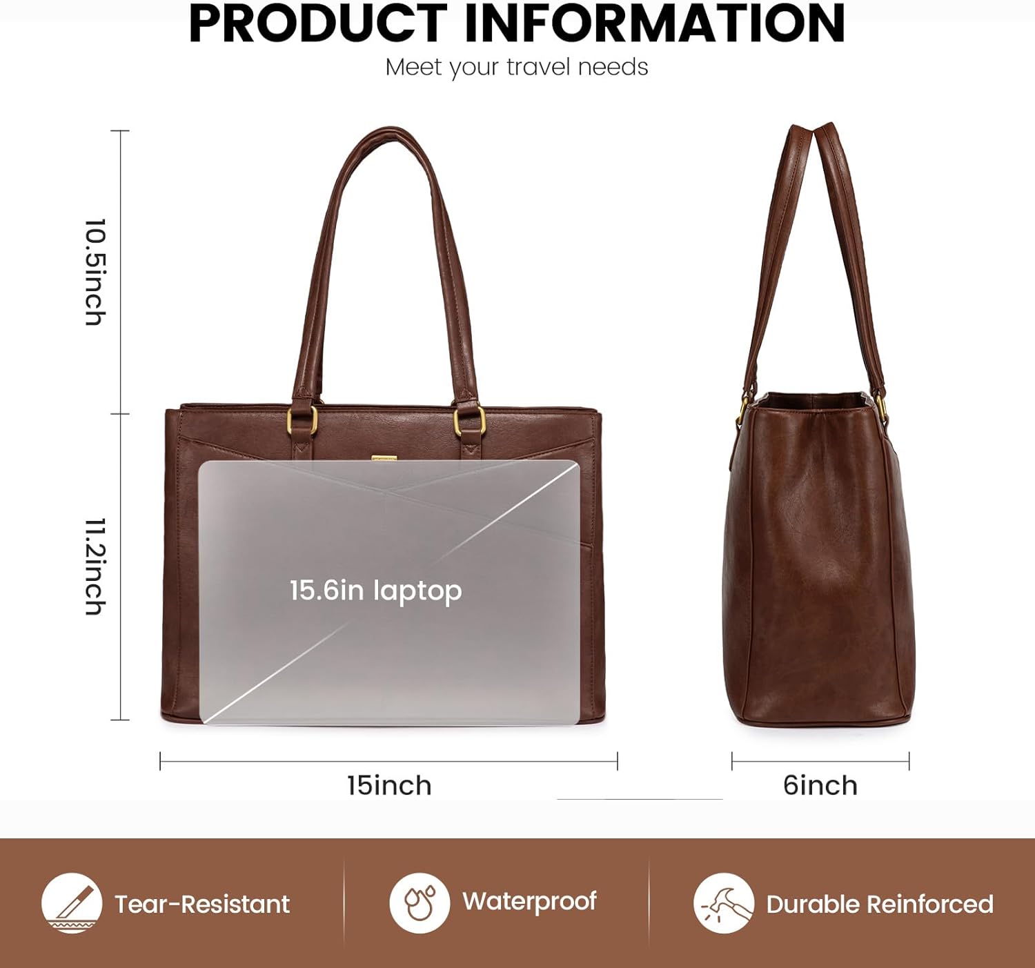 LOVEVOOK Vintage Leather Work Tote - 15.6 Inch Laptop Bag for Women, Waterproof Business Bag &