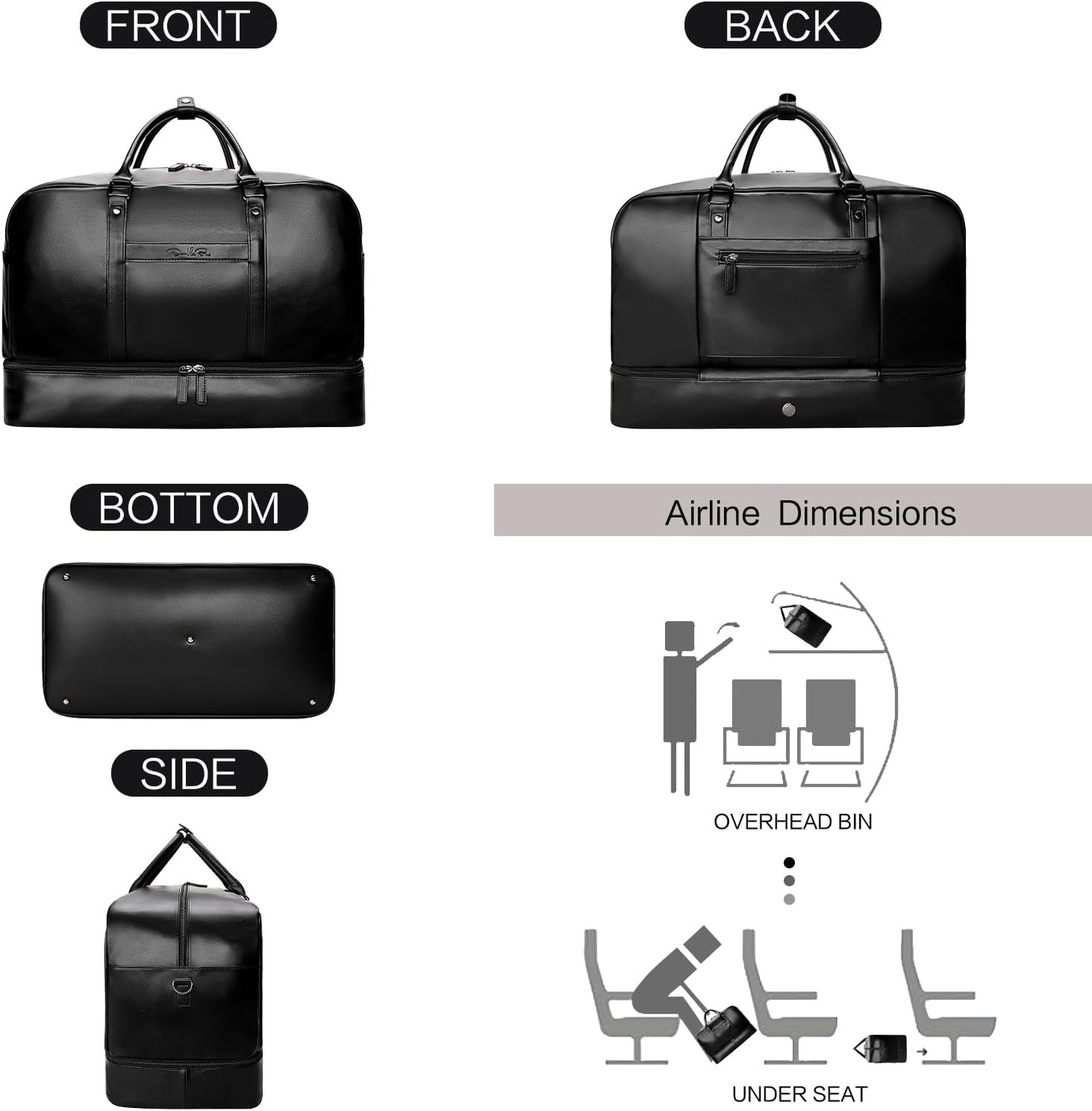 4PCS Leather Duffle Bags, Weekender Bag for Women Men, Large Travel Duffel-Overnight Bag with Toiletry, Makeup, Shoulder Bag, Faux Leather Carry On with Shoe Compartment (Black)