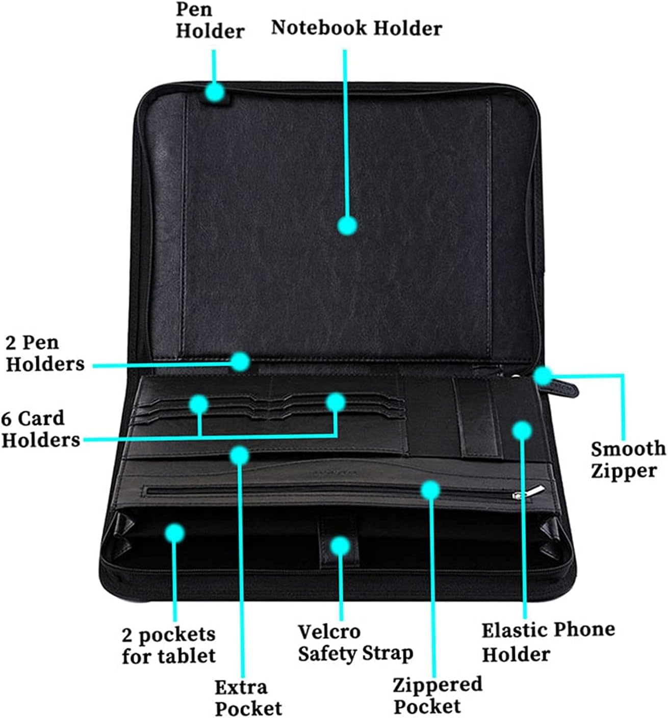 IVESIGN Zippered Padfolio for Women & Men Resume Portfolio Folder Vegan Leather Salesman Business Organizer Planner,with Writing Pad Interior 10.1 Inch Tablet Sleeve Black