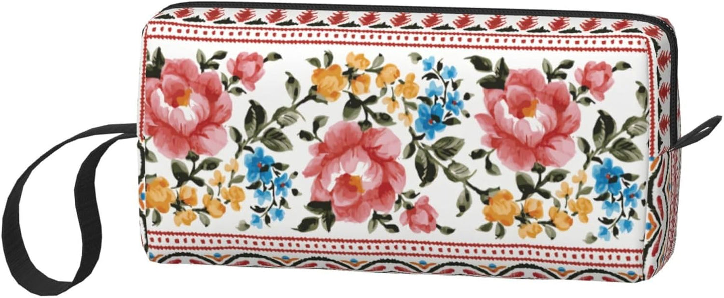 Vintage Floral Boho Makeup Bag Small Compact & Durable Travel Cosmetic Bag Wristlet Organizer Oxford Fabric Impact-Resistant Multi-Purpose Storage Perfect for Travel, Gym, Daily Use