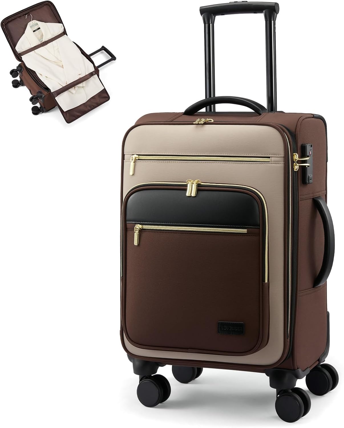 LOVEVOOK Carry on Suitcase 22x14x9 Airline Approved,20 inch Lightweight Waterproof Suitcases with 360° silent swivel wheels, TSA Lock and Compartment, Large Capacity travel Suitcase Apricot-Coffee