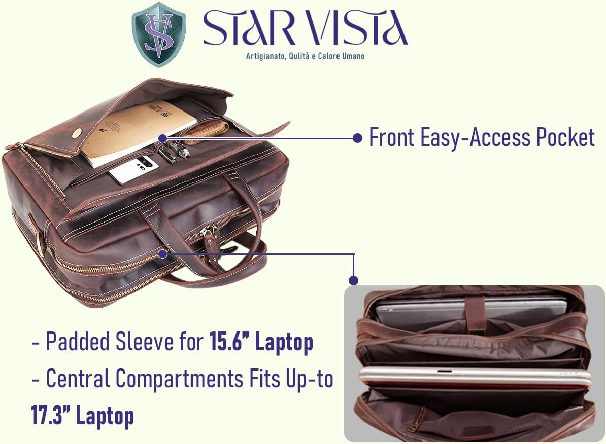 STAR VISTA Sforza Large 18" Laptop Messenger Bag, Leather Briefcase for Men, Business Travel, YKK Zippers and Brass Hardware