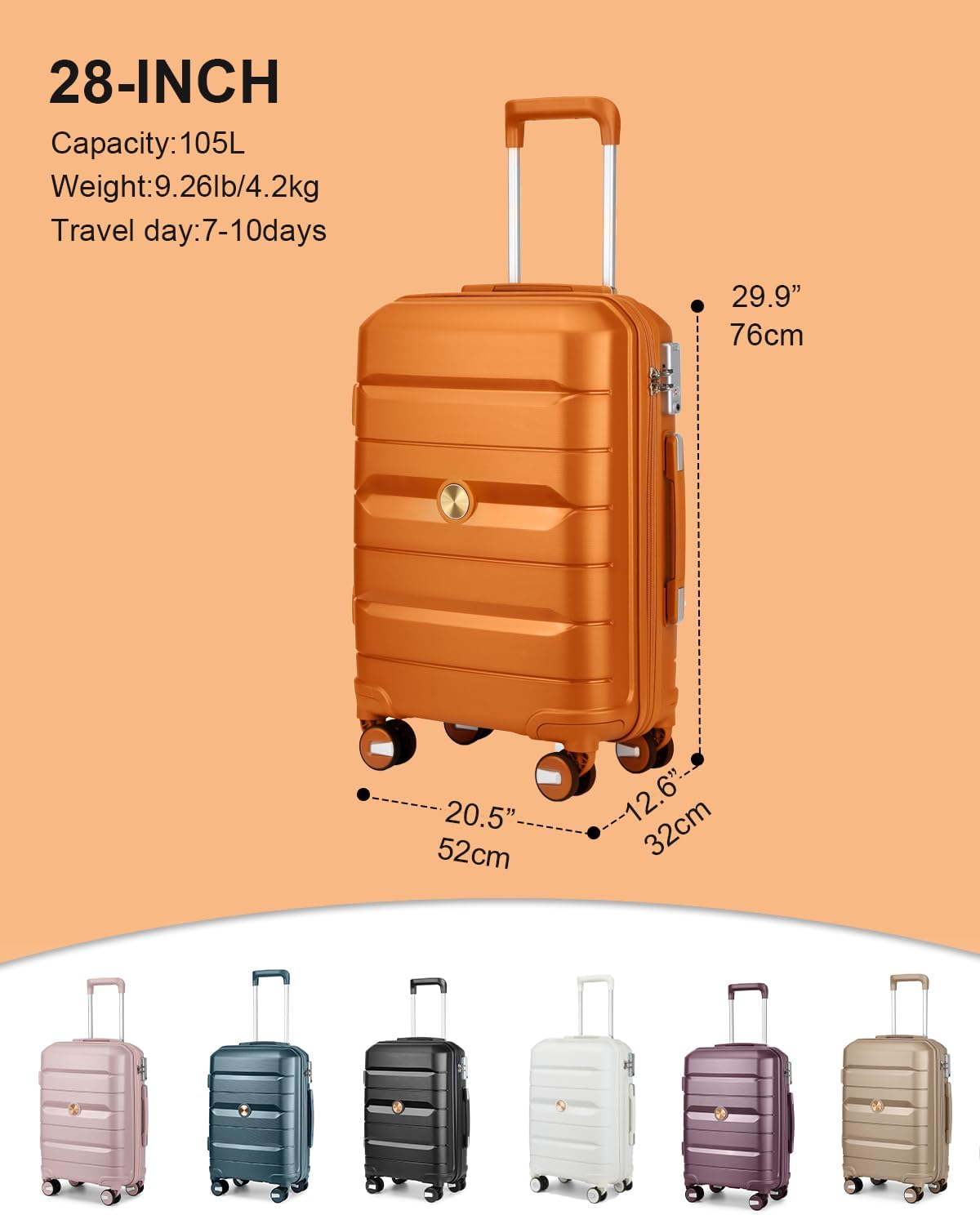 Somago 28 Inch Luggage With Spinner Wheels Hard Shell Polypropylene Suitcase with TSA Lock and YKK Zipper,Sunset Orange