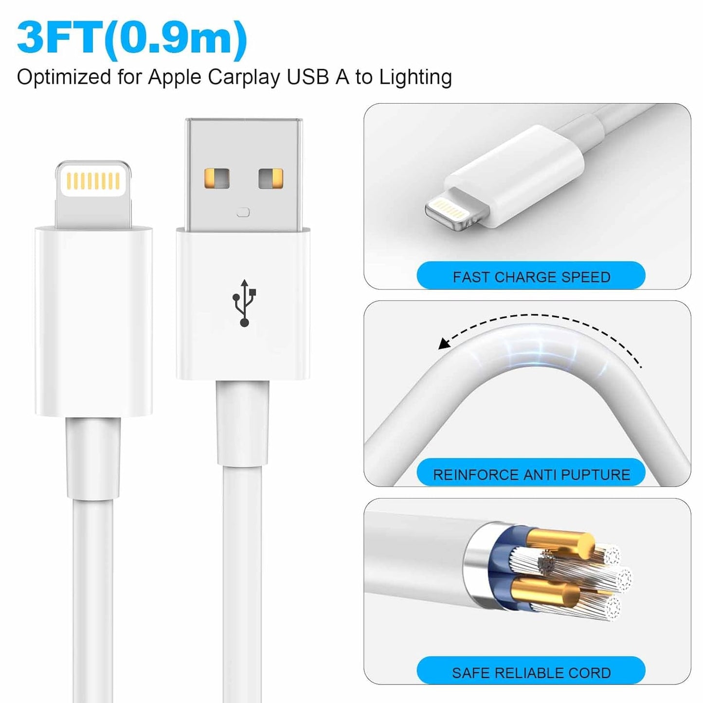 Car Apple Carplay Cable，USB A to Lightning Cable 3FT Compatible with iPhone 14 13 12 11 Pro Max XR XS X Charger Cord，Car Charging Cord