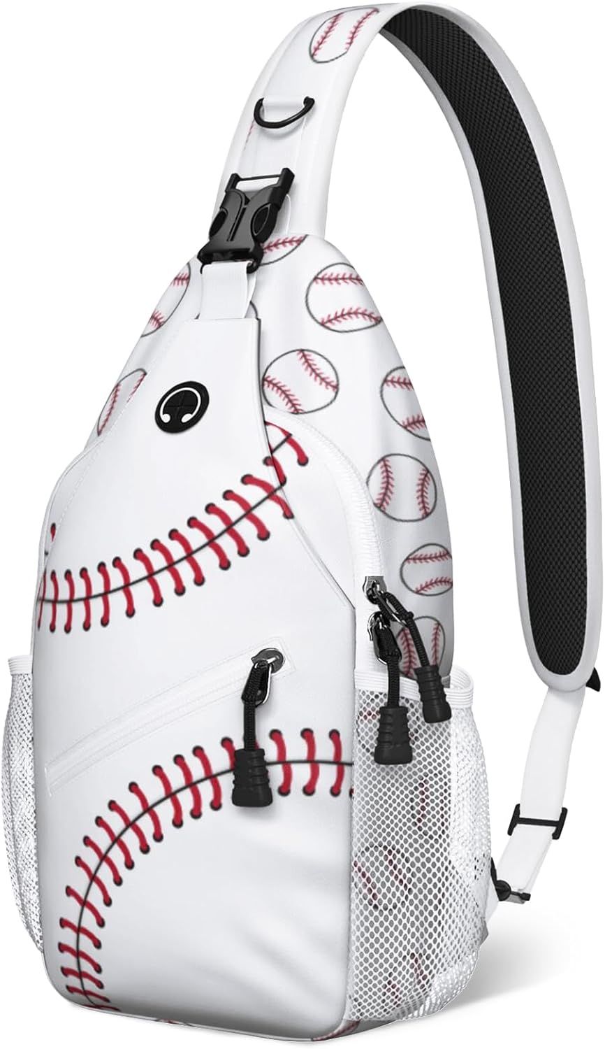 White Baseball Sling Bag Crossbody Chest Bag for Women Men, Water Resistant Lightweight Casual Crossbody Bag with Adjustable Strap, Travel Hiking Daypack Shoulder Backpack