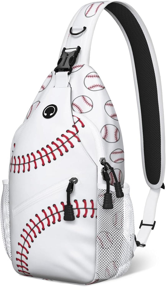 White Baseball Sling Bag Crossbody Chest Bag for Women Men, Water Resistant Lightweight Casual Crossbody Bag with Adjustable Strap, Travel Hiking Daypack Shoulder Backpack