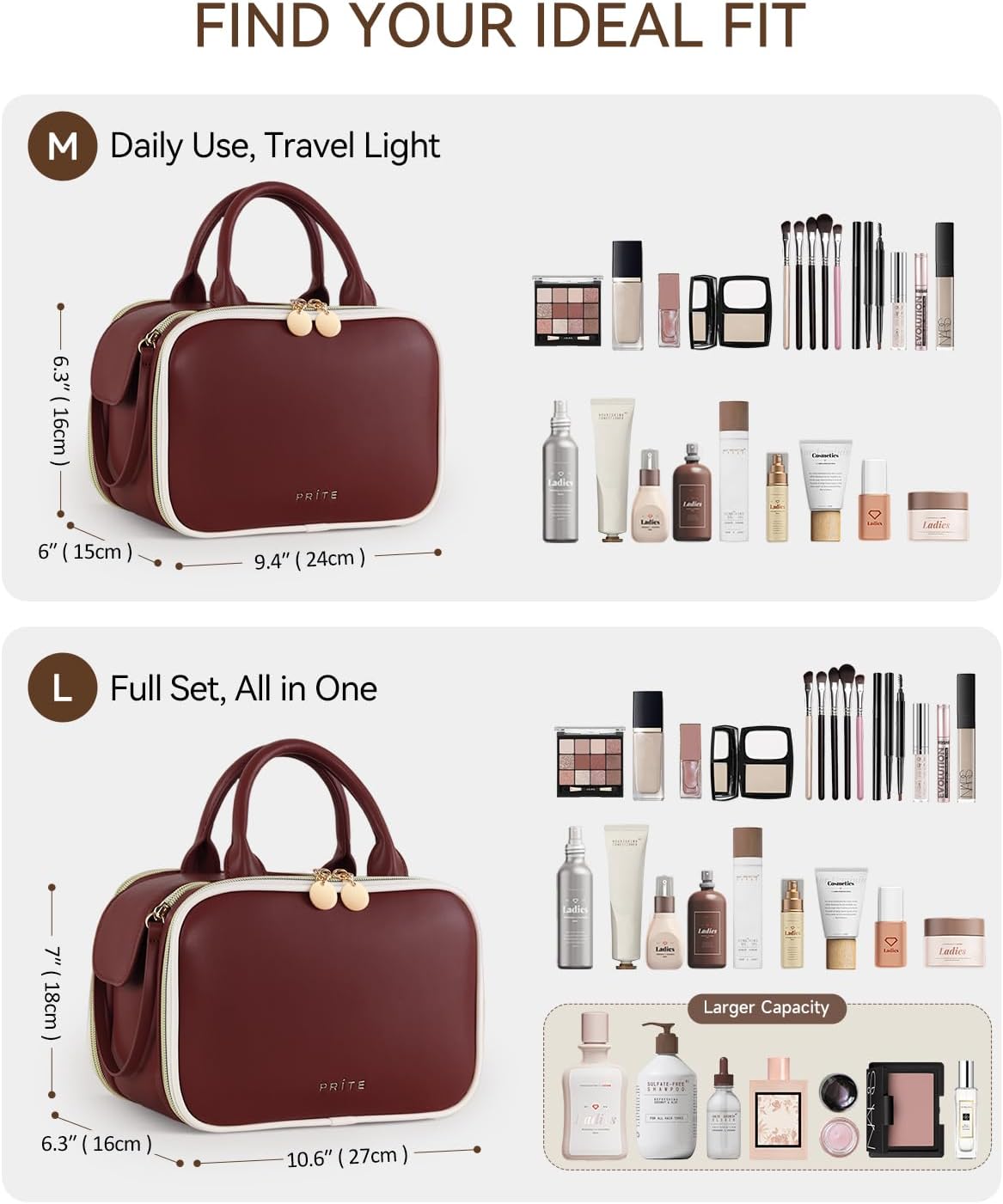 Prite Makeup Bag for Women, Large Capacity Waterproof Travel Cosmetic Organizer, Portable Open Flat Toiletry Bag with Free-standing Brush Holder and Handle (Burgundy Large)