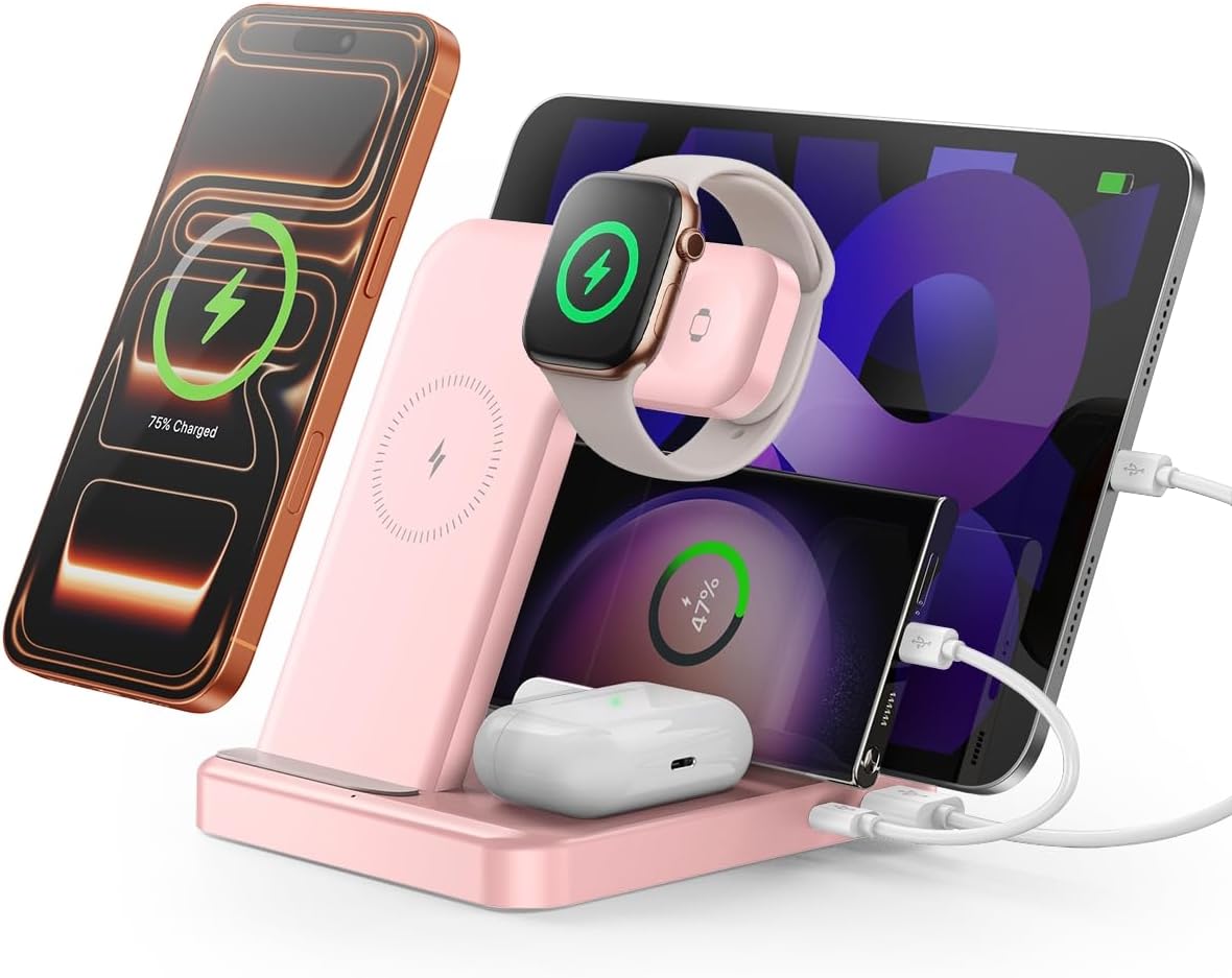 Intoval 5-in-1 Charging Station, for iPhones 17/17 Pro/17 Pro Max and Androids, iPad Pro/Air/Mini, Apple Watch 11/Ultra 3/Ultra 2/Ultra/10/9/8/7/SE, Wireless Charging Dock for Multiple Devices (Pink)