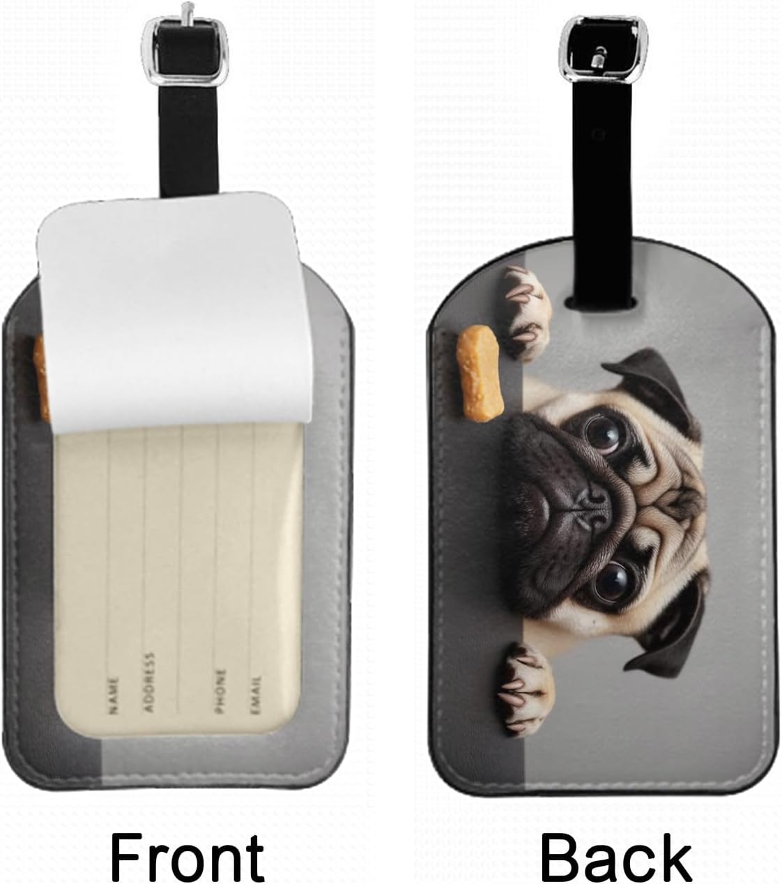 Cute Sad Pug Suitcase Tags Identifiers Adorable Puppy Looks at A Cookie Big Eyes Pet PU Leather ID Label for Women Men Travel Baggage Bag Tags Set, 1 Pack