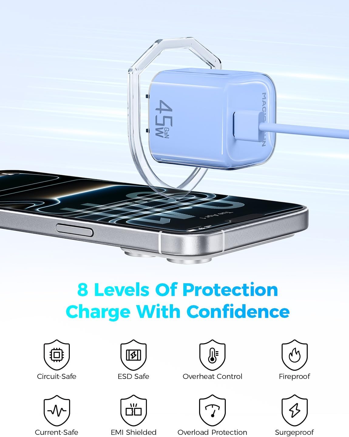 MAGIC JOHN 45W USB C Charger Block, Ultra-Fast Charging for iPhone 15/16/17 & More, Compatible with iPhone, iPad, Samsung, and Other USB C Devices Blue