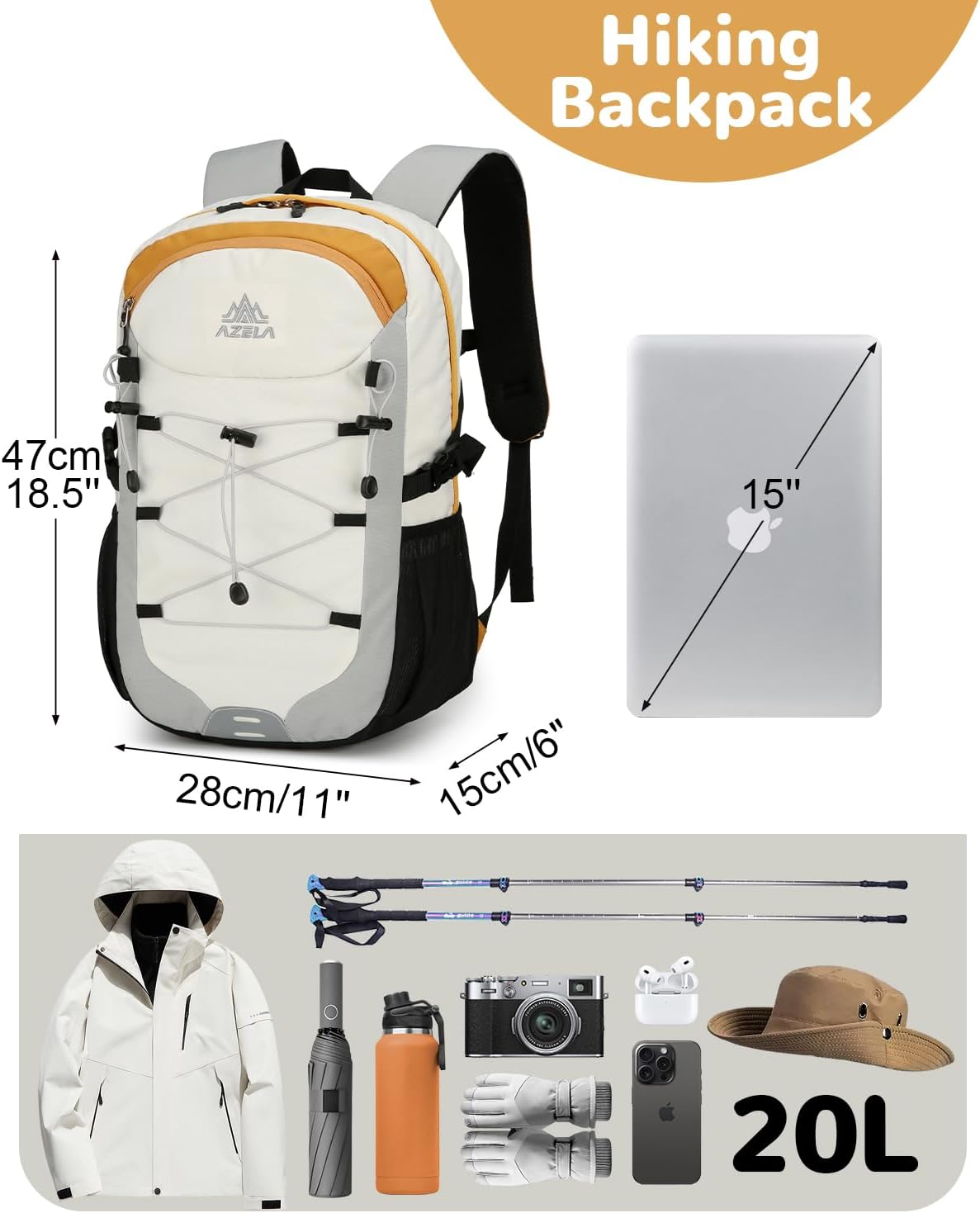 20L Small Waterproof Hiking Backpack with Chest Strap for Men Women, Lightweight Outdoor Daypack, Gray