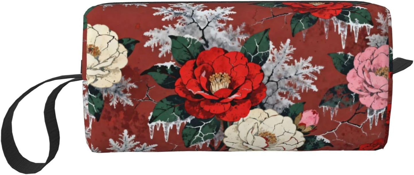 Burgundy Frosted Camellia Makeup Bag Organizer Compact & Durable Floral Travel Cosmetic Bag Oxford Fabric Impact-Resistant Multi-Purpose Storage Perfect for Travel, Gym, Daily Use