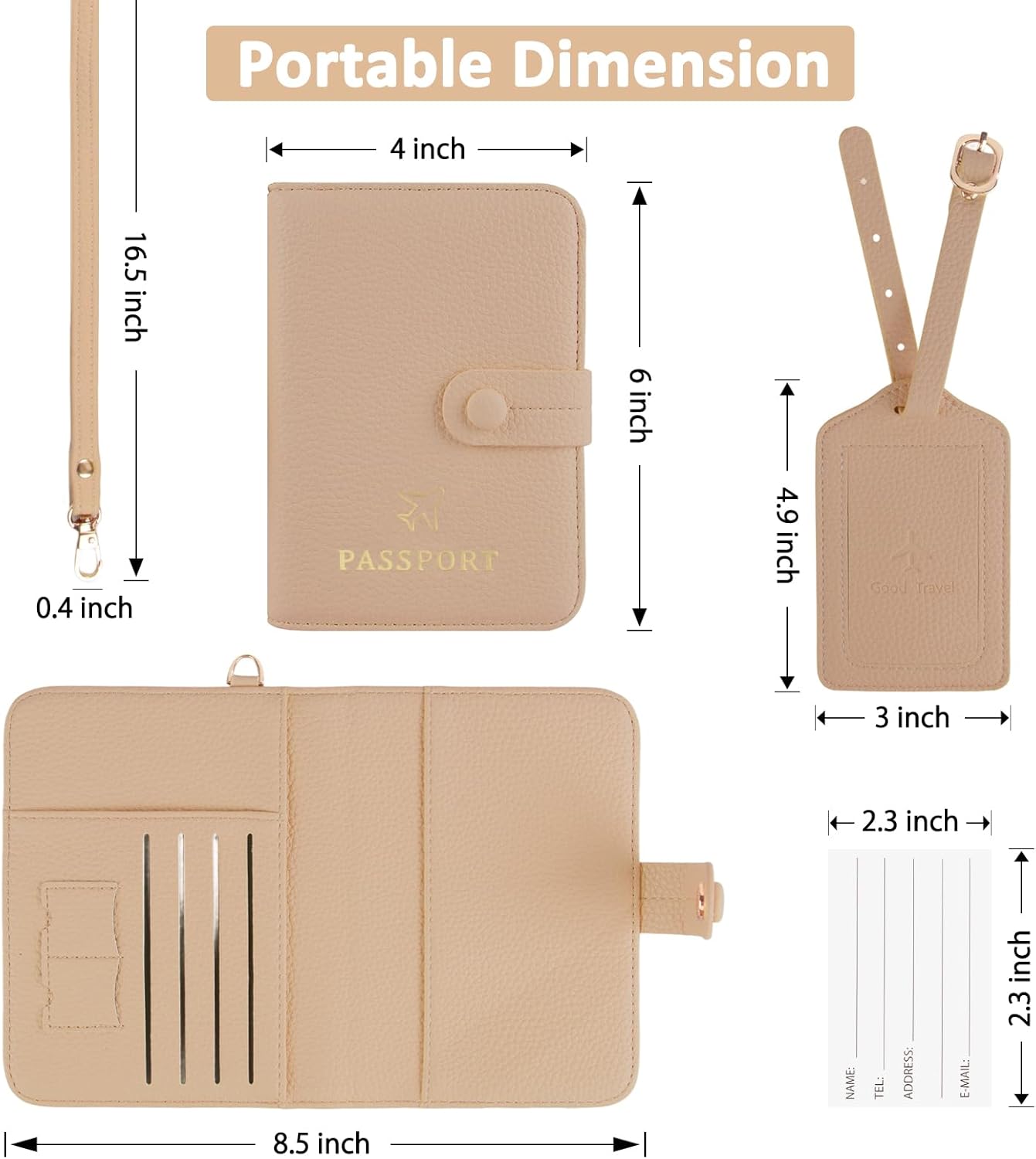 Passport Holder RFID Protected Wallet and Luggage Tag with Protection Cover Travel Accessories Leather Card Case Organizer for Women Men (Beige)