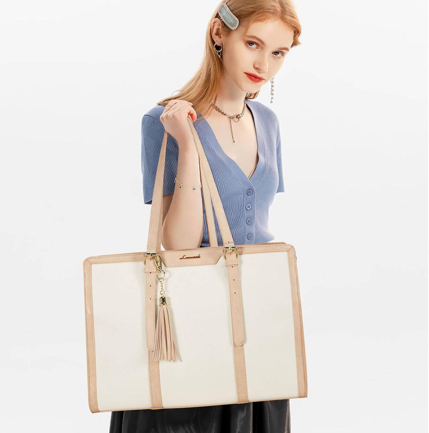 LOVEVOOK Laptop Bag for Women 15.6 inch Lightweight Canvas Laptop Tote Bag, Large Capacity Computer bag with Clutch Purse for Business, Work, Office, Travel, School（Pearl White & Beige，15.6 Inch）