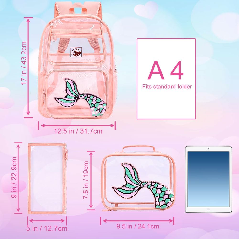Clear Backpack for Girls and Boys, Kids Transparent Bookbag, 3PCS Cute See Through School Bag for