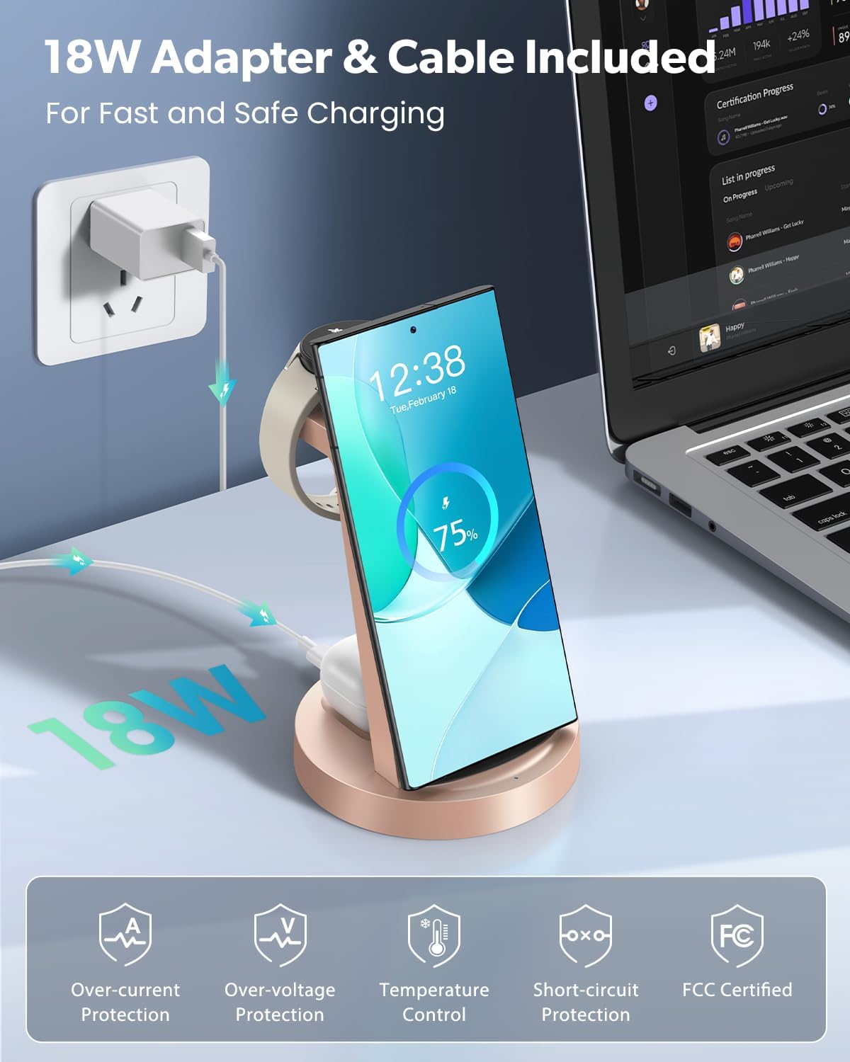 Wireless Charger for Samsung: 3 in 1 Wireless Charging Station for Samsung Galaxy Watch 8 7 6 5 4 3 Pro Classic Galaxy Buds - Charger Dock Stand for S25 S24 Ultra S23 S22 S21 Note Z Fold Android