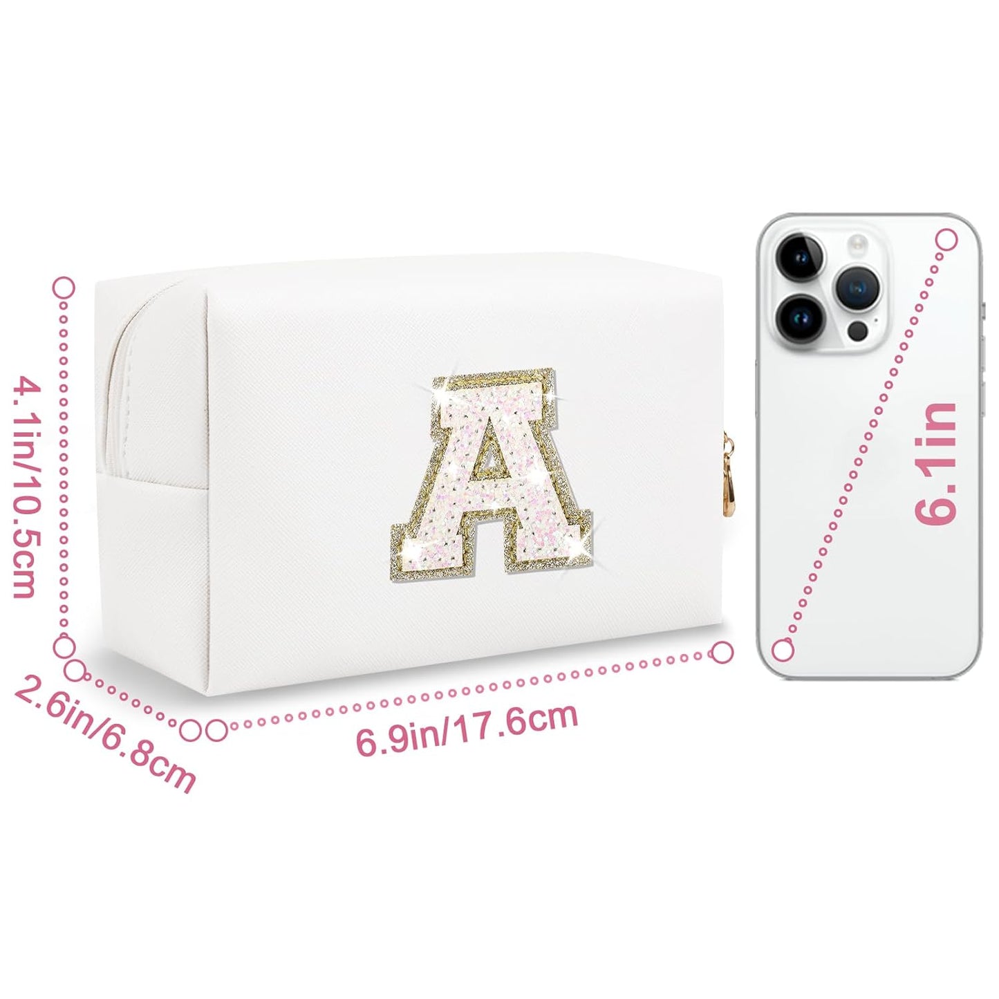 Small Initial Patch Makeup Bag Personalized Gifts Make Up Bag,White Cute PU Leather Glitter Letter Cosmetic Bag with Zipper,Trendy Portable Travel Toiletry Pouch,Preppy Stuff for Teen Girls Women A
