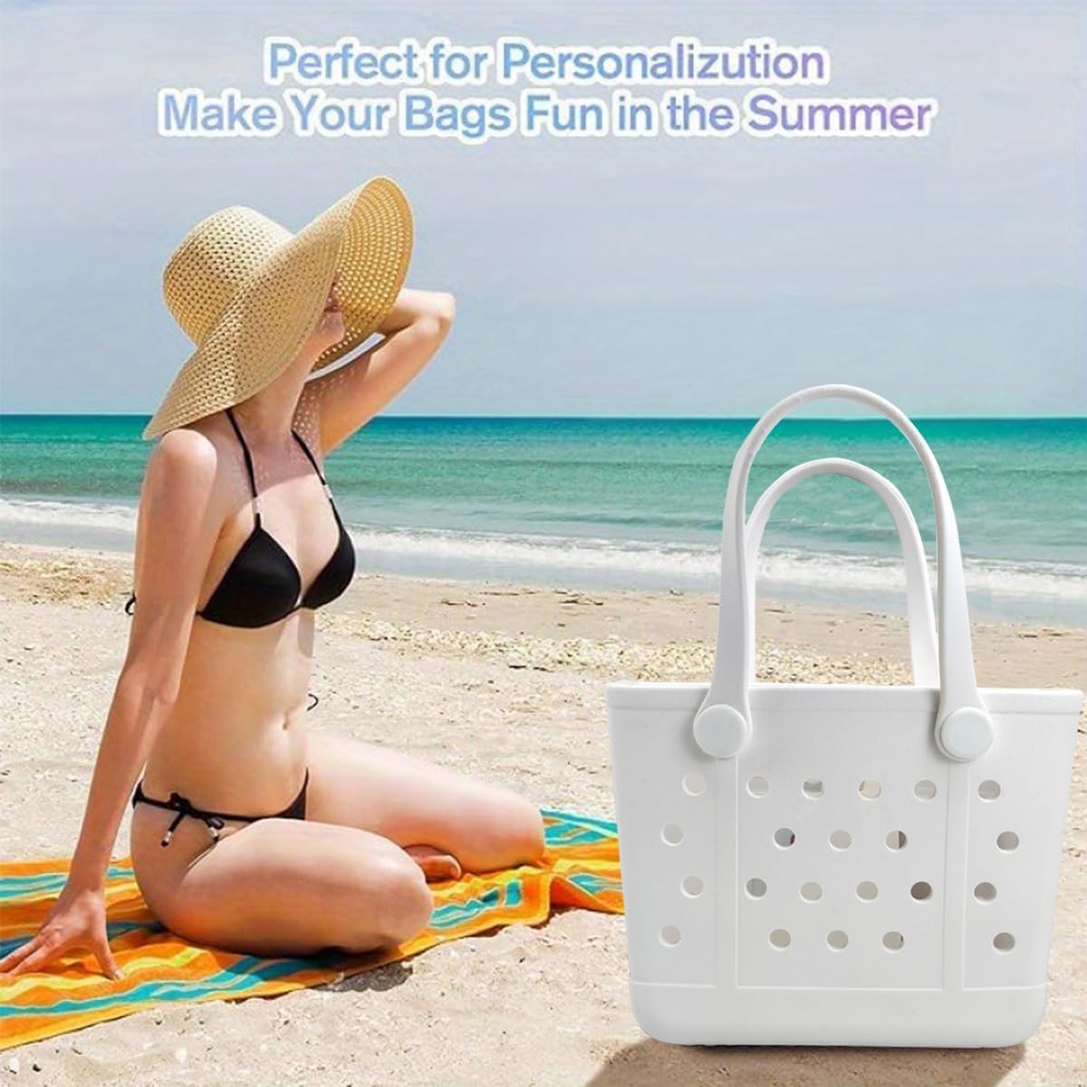Medium Rubber Beach Bag, Waterproof Tote Bags Washable Sand-proof Travel Hand Bags for Pool Boat Work Sports