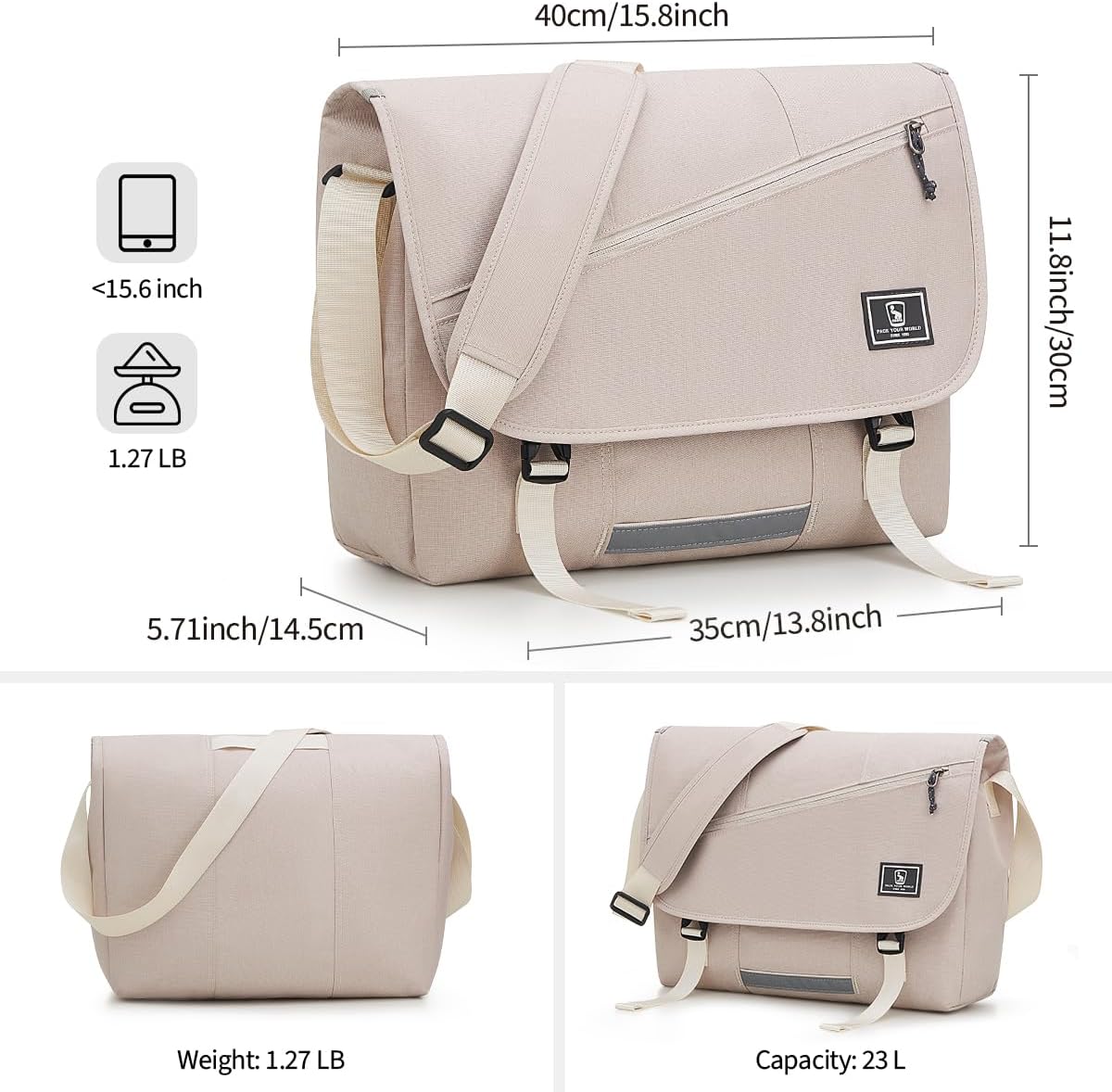 OIWAS Messenger Bag for Men, 15.6 Inch Laptop Crossbody Bags Women Casual Satchel Shoulder Bag College Travel Office Briefcase (15.6 Inch, White)