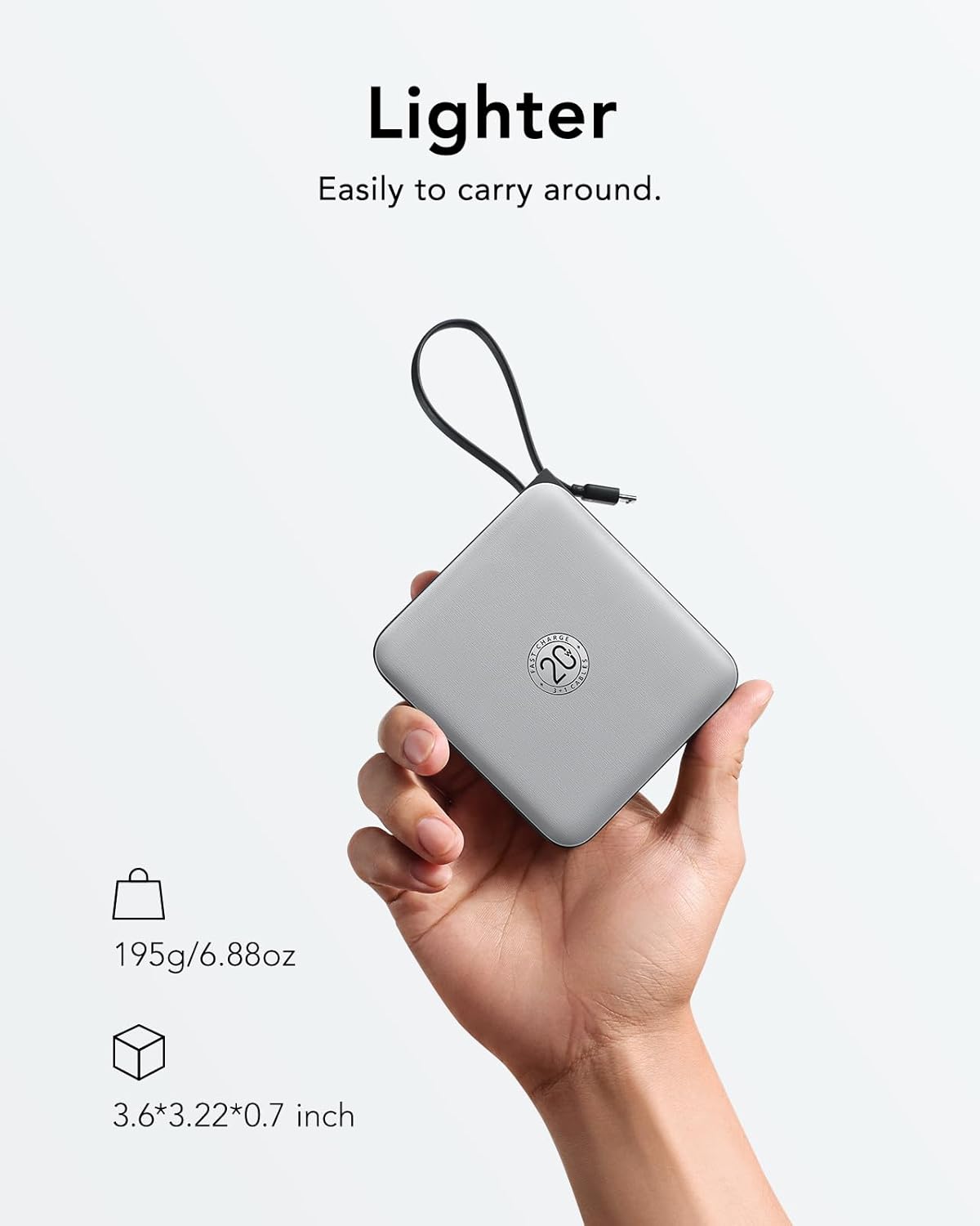 VRURC Portable Phone Charger 4 Built-in Cables, Fast Charging PD 20W Power Bank 10000mAh, USB C