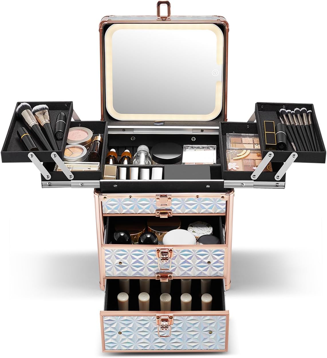 Qislee Makeup Box with Double Drawers and Four Trays, A Detachable Lighted Mirror, Waterproof Travel Train Case, Cosmetic Organizer and Makeup Suitcase with Magnetic LED Mirror(Sparkling Blue)
