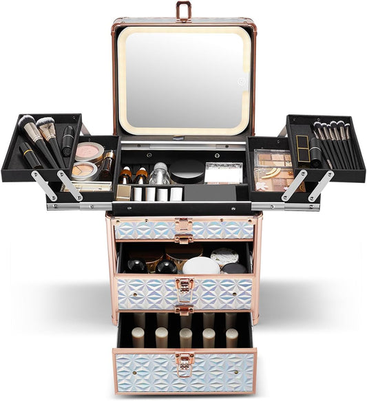 Qislee Makeup Box with Double Drawers and Four Trays, A Detachable Lighted Mirror, Waterproof Travel Train Case, Cosmetic Organizer and Makeup Suitcase with Magnetic LED Mirror(Sparkling Blue)