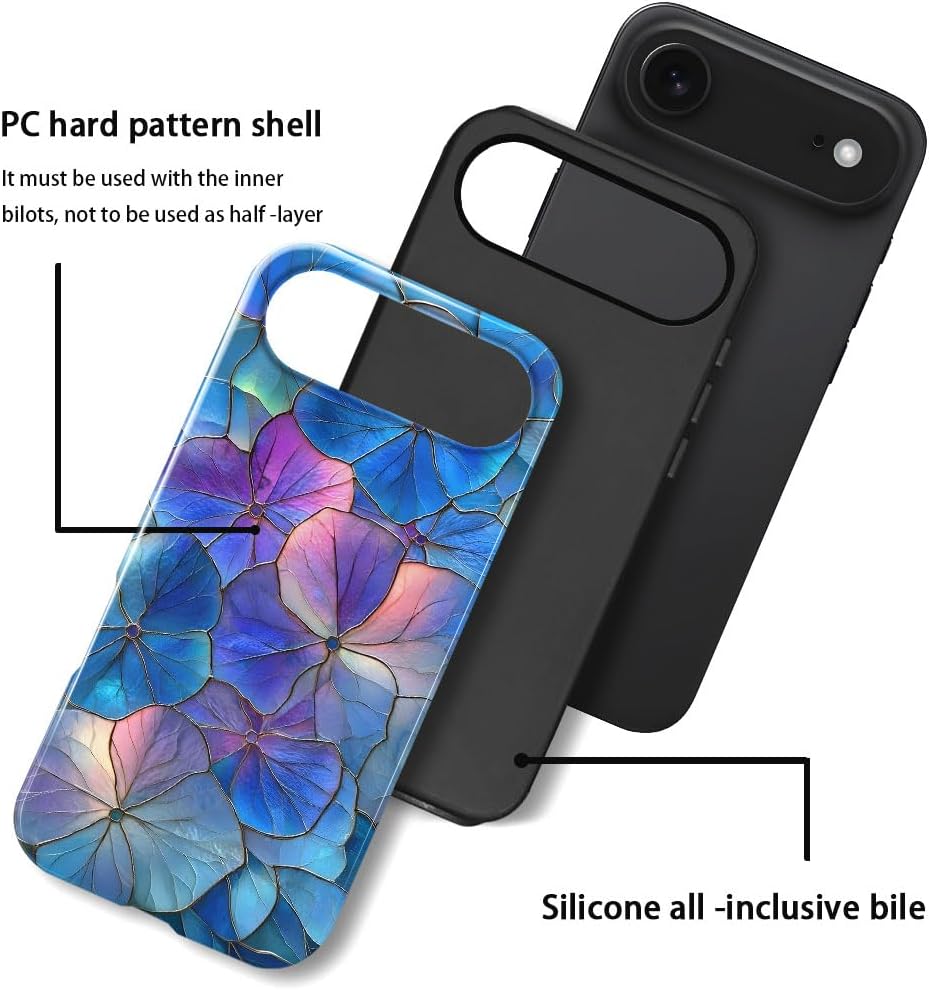 Case for iPhone 17 Air - Slim Fit Anti-Scratch Phone Case for Girl Women - Blue Hydrangea Floral Stained Glass Aesthetic (Glossy)