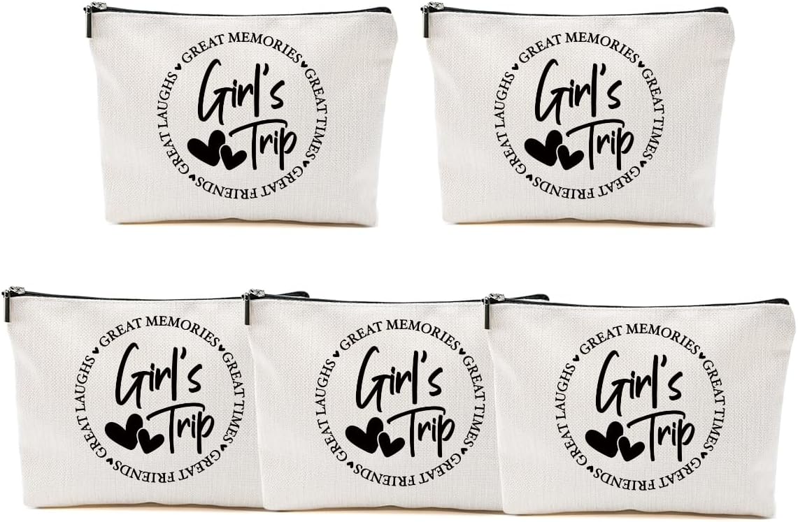 5Pcs Girls Trip Gifts Favors, 2025 Girls Weekend Gifts Makeup Bag, Bestie Gifts Weekend Bag Travel Gifts Vacation Cosmetic Bag, Friendship Gifts for Women Friend, Graduation Wedding Gifts Toiletry Bag