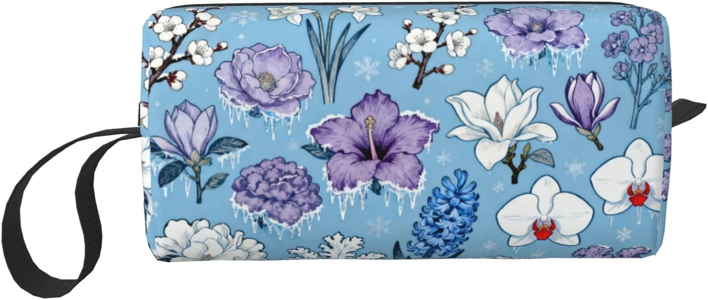Frosted Winter Flowers Makeup Bag Organizer Compact & Durable Blue Floral Travel Cosmetic Bag Oxford Fabric Impact-Resistant Multi-Purpose Storage Perfect for Travel, Gym, Daily Use
