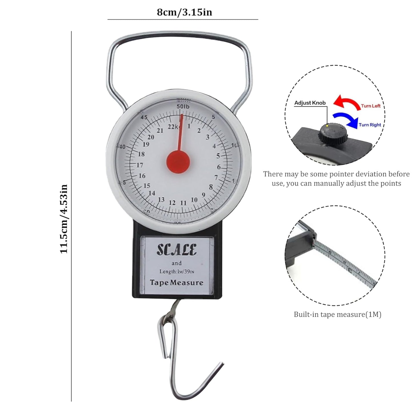 Luggage Scales, Manual Luggage Scale 22kg Portable Travel Scales for Luggage Weight Scale with 1m Tape and Adjustable Scale Hanging Suitcase Scales for Package Weighing