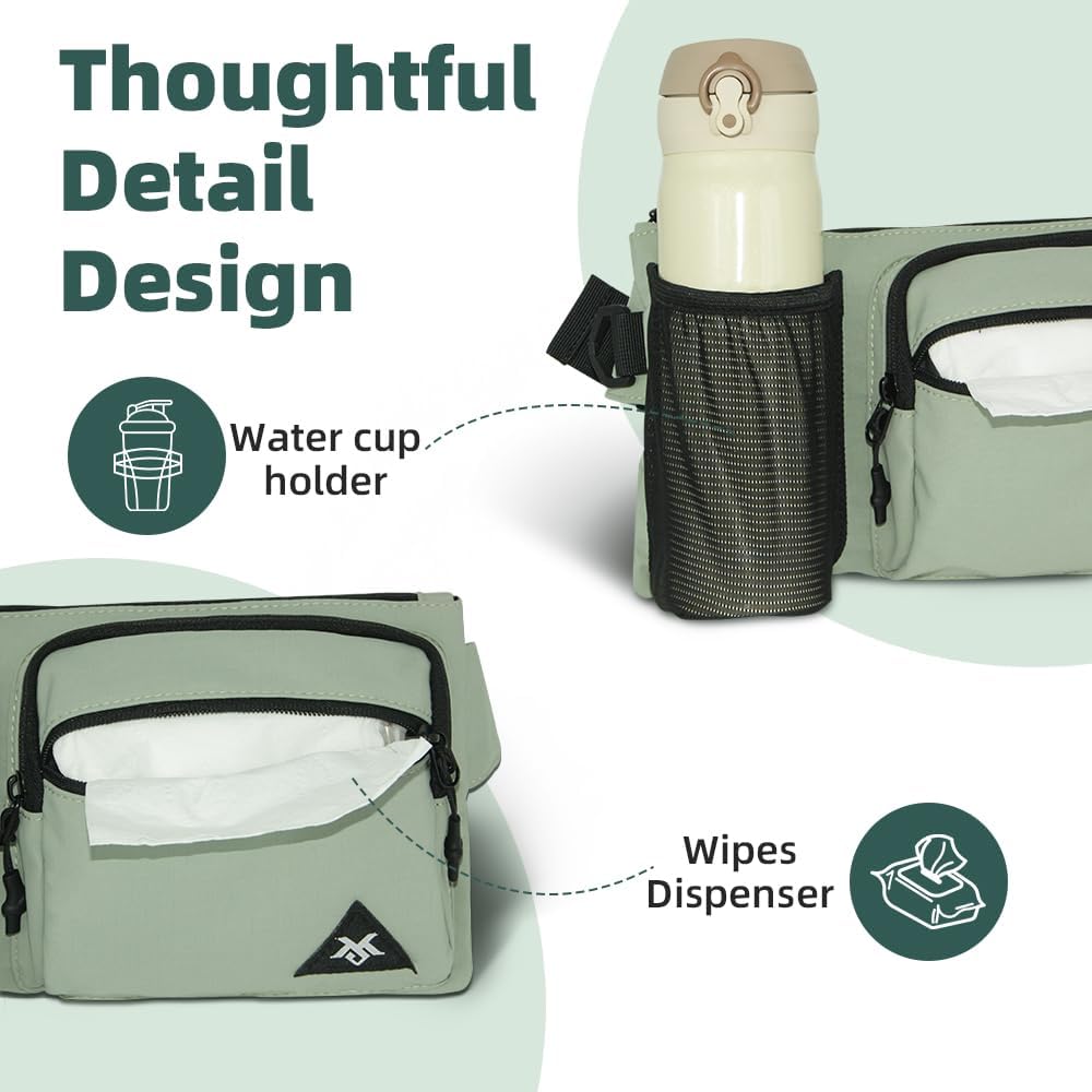 small fanny pack diaper bag,for women,with water bottle holder and tissue pocket,lightweight adjustable transverse nylon waist bag,for travel,picnic,daily use,khaki