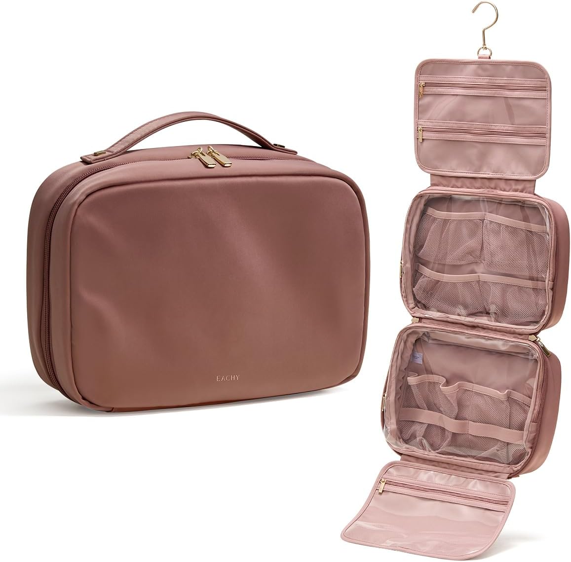EACHY Travel Toiletry Bag with Hanging Hook, Portable Makeup Cosmetic Bags for Women, Water-Resistant Full-Size Travel Accessories (Pink)
